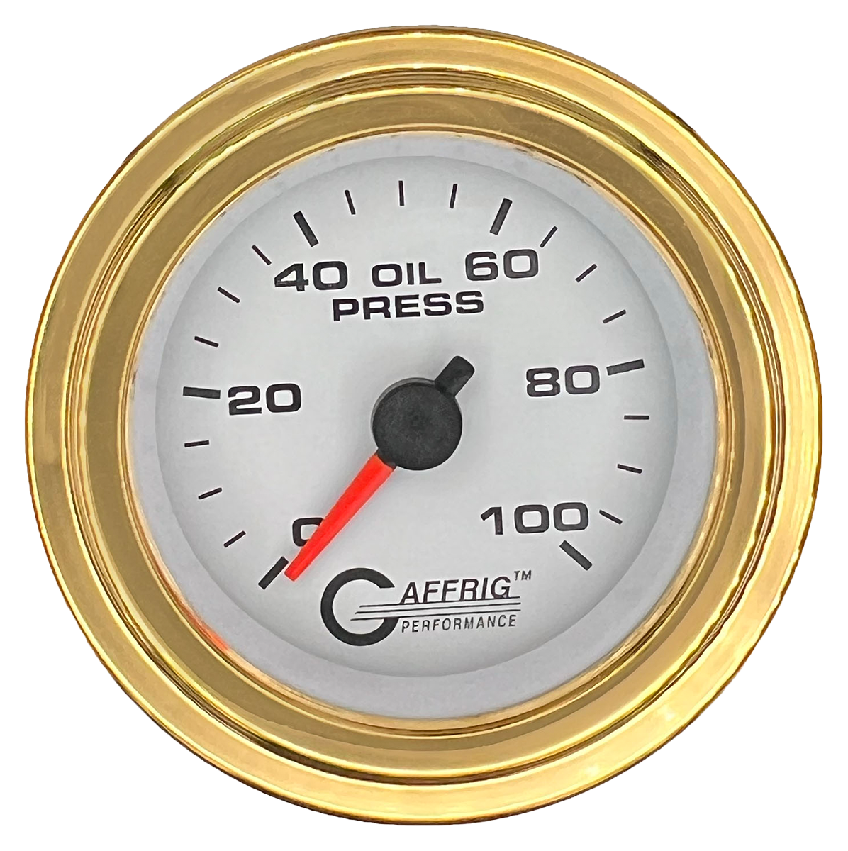 GAFFRIG 2 INCH MECHANICAL OIL PRESSURE 0-100 PSI GAUGE STEP RIM (002) / GOLD / WHITE