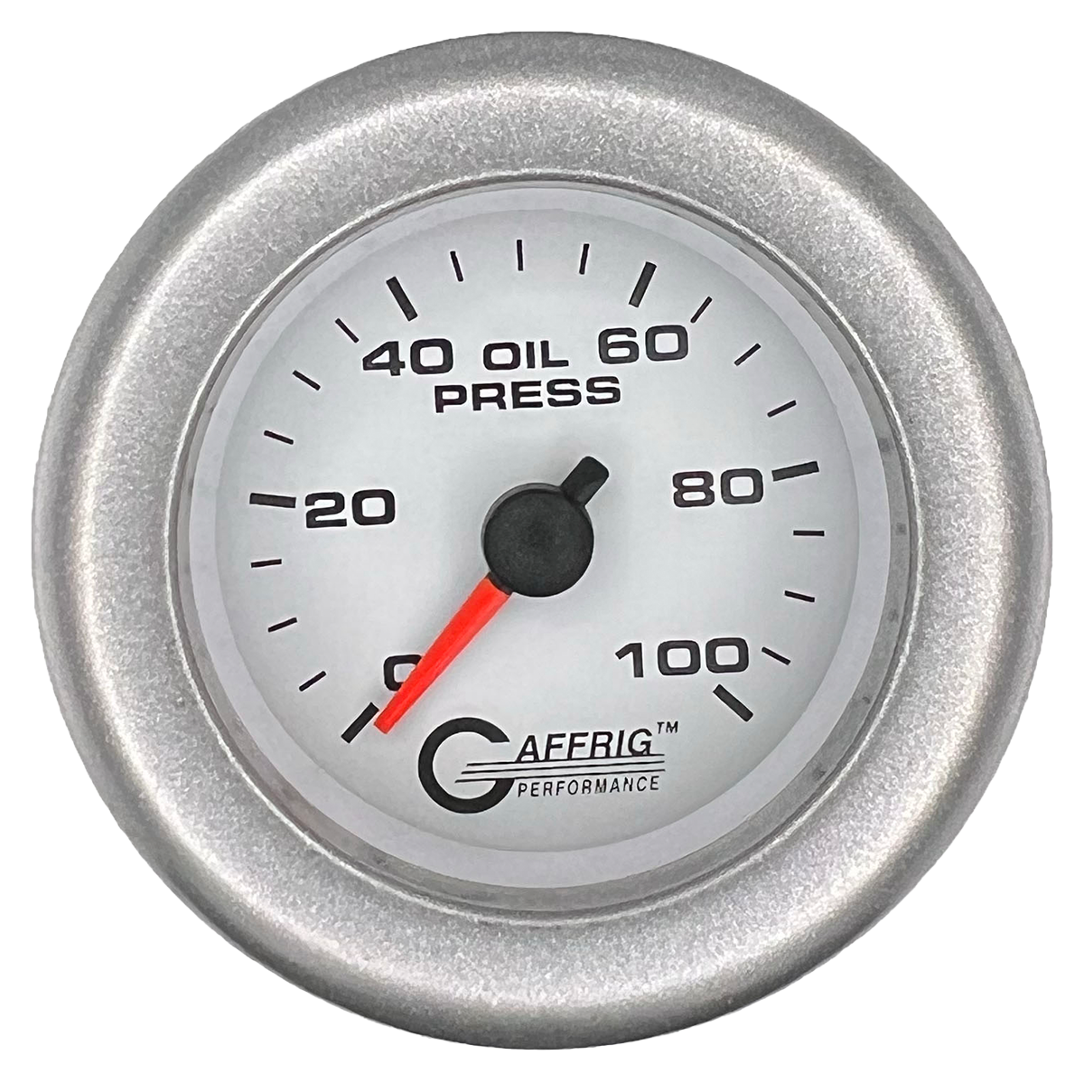 GAFFRIG 2 INCH MECHANICAL OIL PRESSURE 0-100 PSI GAUGE FAT RIM (218) / PLATINUM / WHITE