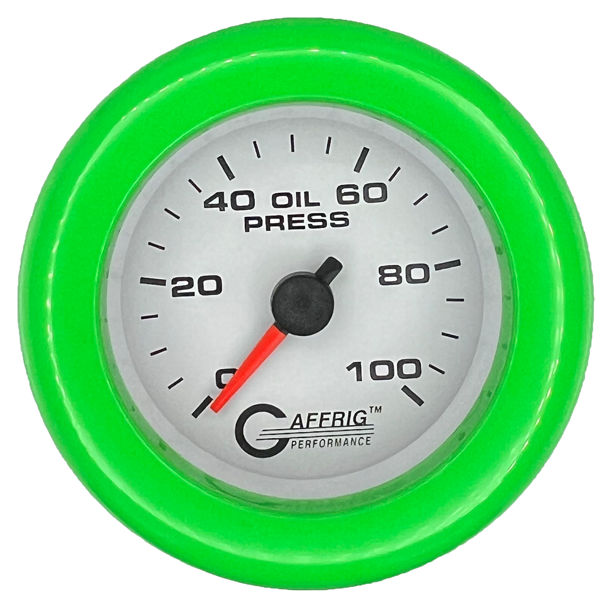 GAFFRIG 2 INCH MECHANICAL OIL PRESSURE 0-100 PSI GAUGE FAT RIM (218) / LIME GREEN / WHITE