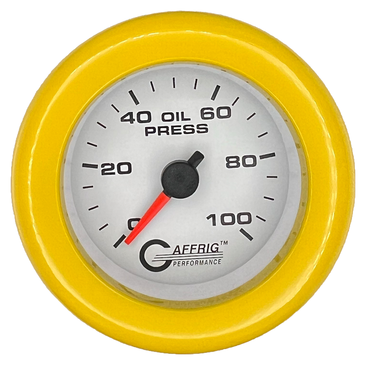 GAFFRIG 2 INCH MECHANICAL OIL PRESSURE 0-100 PSI GAUGE FAT RIM (218) / YELLOW / WHITE