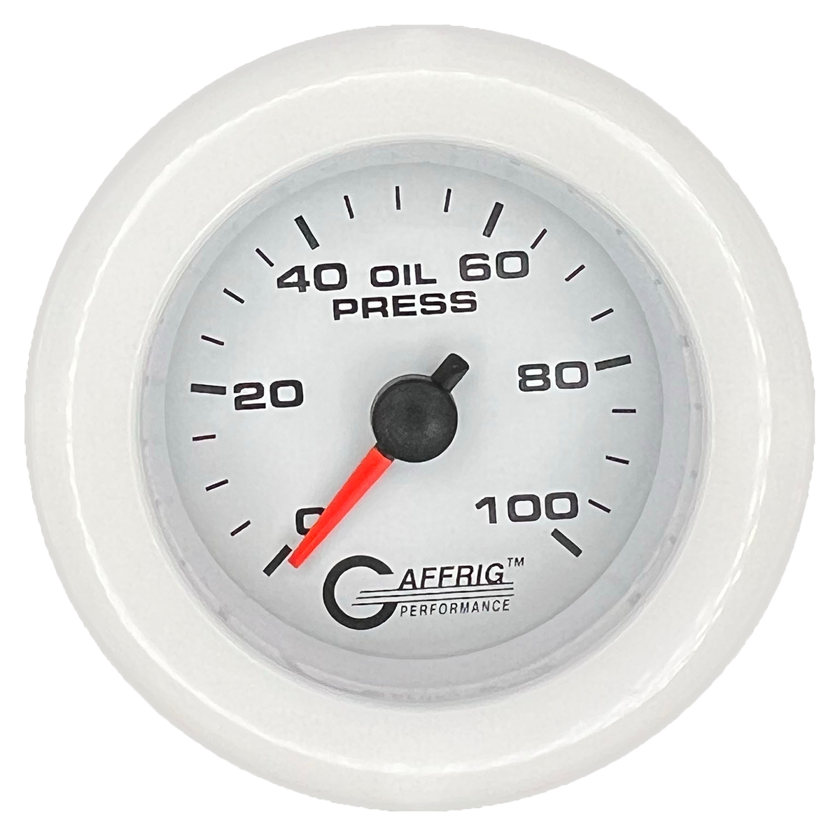 GAFFRIG 2 INCH MECHANICAL OIL PRESSURE 0-100 PSI GAUGE FAT RIM (218) / WHITE / WHITE