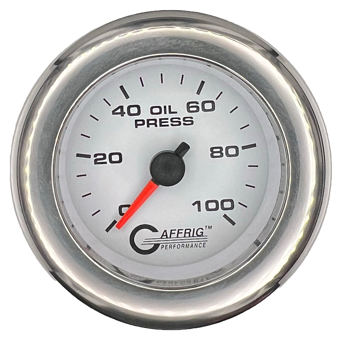 GAFFRIG 2 INCH MECHANICAL OIL PRESSURE 0-100 PSI GAUGE FAT RIM (218) / CHROME/POLISHED / WHITE