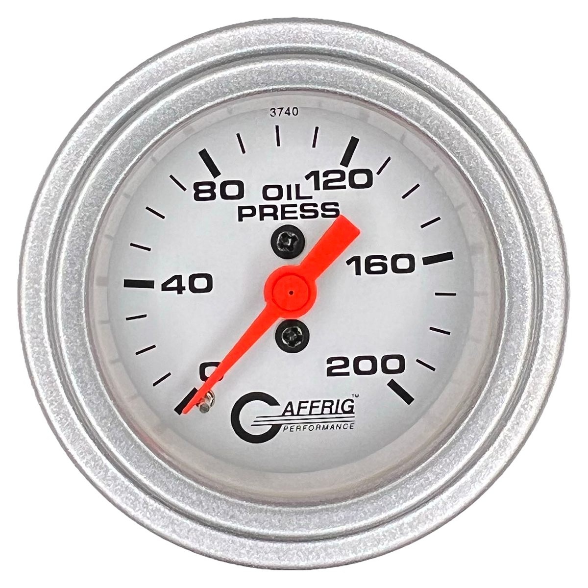 GAFFRIG 2 INCH MECHANICAL OIL PRESSURE 0-200 PSI GAUGE STEP RIM (002) / PLATINUM / WHITE