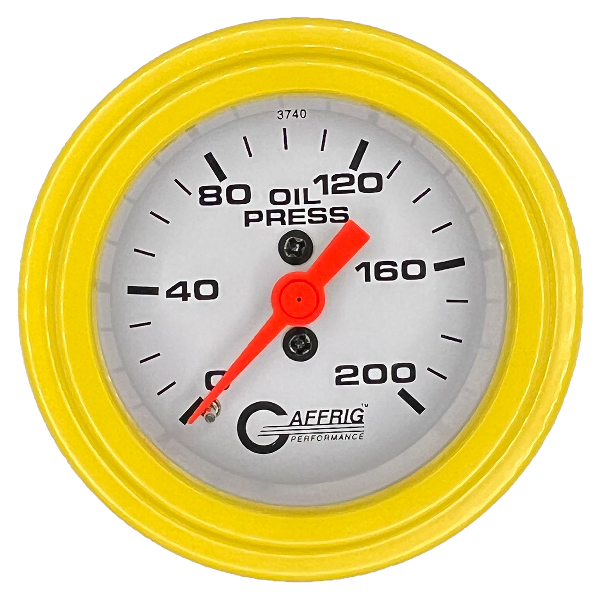 GAFFRIG 2 INCH MECHANICAL OIL PRESSURE 0-200 PSI GAUGE STEP RIM (002) / YELLOW / WHITE
