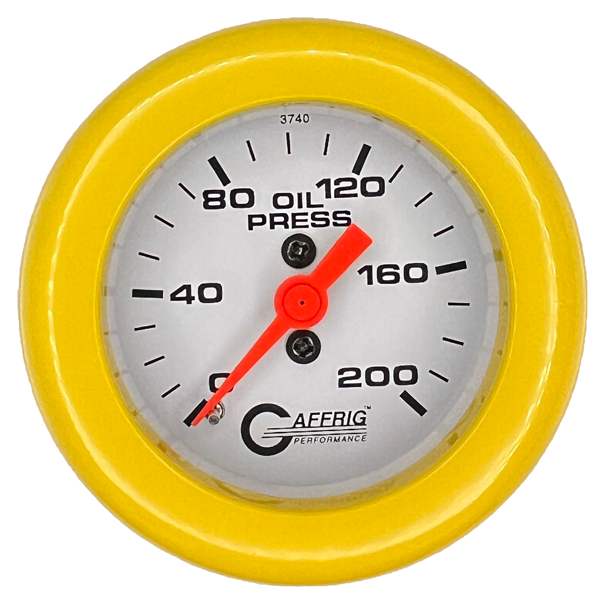 GAFFRIG 2 INCH MECHANICAL OIL PRESSURE 0-200 PSI GAUGE FAT RIM (218) / YELLOW / WHITE
