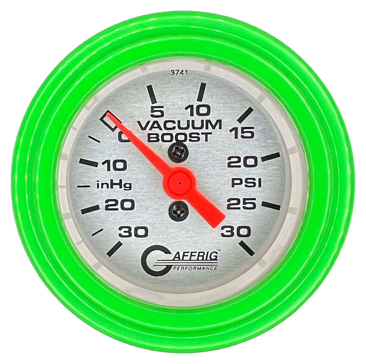 GAFFRIG 2 INCH MECHANICAL VACUUM 0-30HG/BOOST 0-30PSI GAUGE STEP RIM (002) / LIME GREEN / PLATINUM