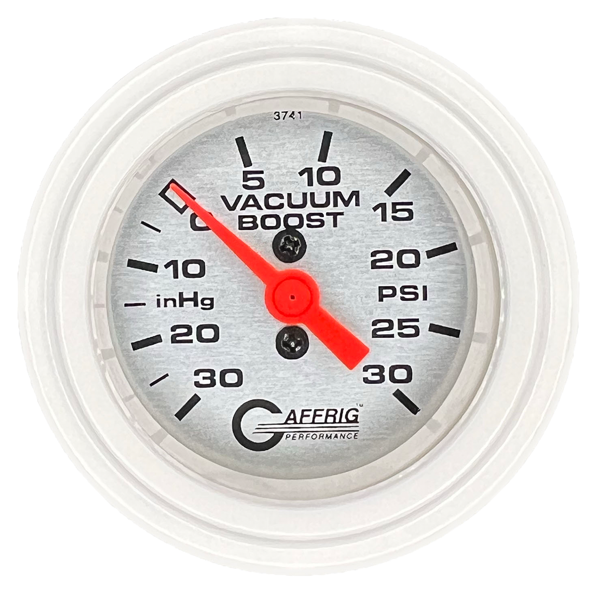 GAFFRIG 2 INCH MECHANICAL VACUUM 0-30HG/BOOST 0-30PSI GAUGE STEP RIM (002) / WHITE / PLATINUM