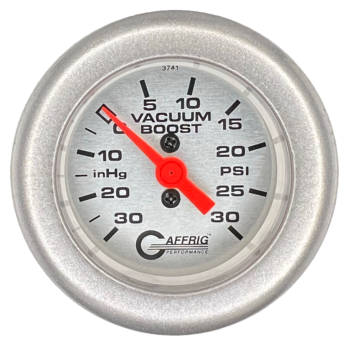 GAFFRIG 2 INCH MECHANICAL VACUUM 0-30HG/BOOST 0-30PSI GAUGE FAT RIM (218) / PLATINUM / PLATINUM