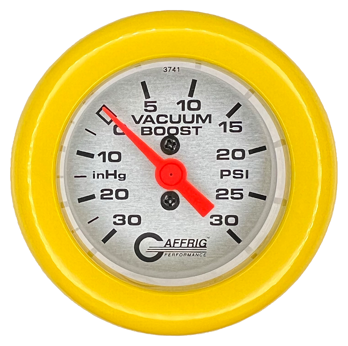 GAFFRIG 2 INCH MECHANICAL VACUUM 0-30HG/BOOST 0-30PSI GAUGE FAT RIM (218) / YELLOW / PLATINUM