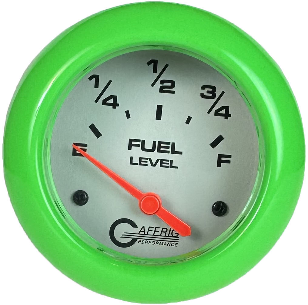 GAFFRIG 2 5/8 INCH EELECTRIC FUEL LEVEL 240-33 OHMS PLATINUM / LIME GREEN