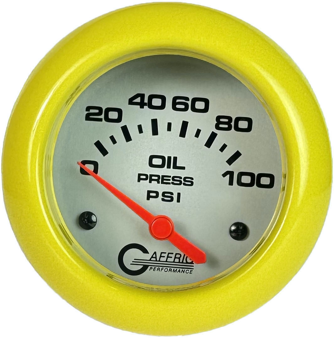 GAFFRIG 2 5/8 INCH ELECTRIC OIL PRESSURE 0-100PSI YELLOW / PLATINUM