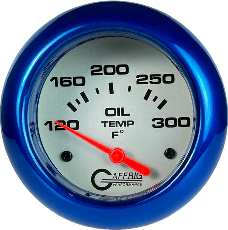 GAFFRIG 2 5/8 INCH ELECTRIC OIL TEMP GAUGE 120-300F PLATINUM / BLUE