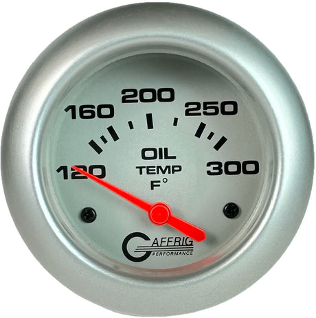 GAFFRIG 2 5/8 INCH ELECTRIC OIL TEMP GAUGE 120-300F PLATINUM / PLATINUM