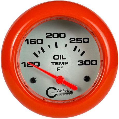 GAFFRIG 2 5/8 INCH ELECTRIC OIL TEMP GAUGE 120-300F PLATINUM / ORANGE