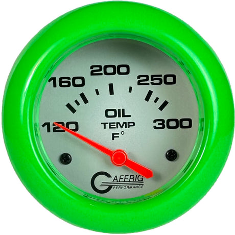 GAFFRIG 2 5/8 INCH ELECTRIC OIL TEMP GAUGE 120-300F PLATINUM / LIME GREEN