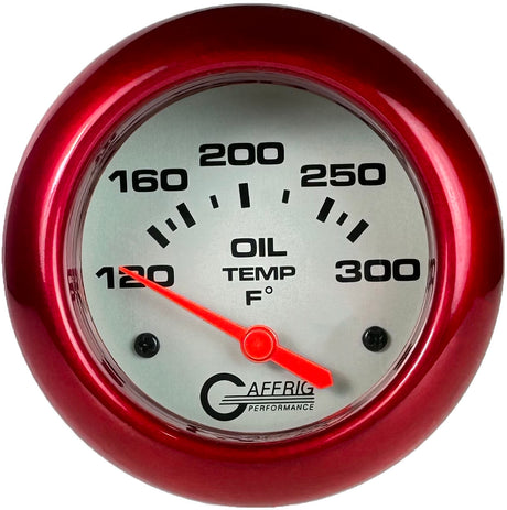 GAFFRIG 2 5/8 INCH ELECTRIC OIL TEMP GAUGE 120-300F PLATINUM / RED