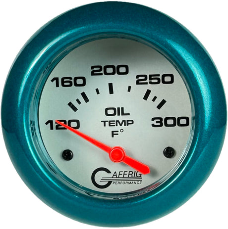 GAFFRIG 2 5/8 INCH ELECTRIC OIL TEMP GAUGE 120-300F PLATINUM / TEAL