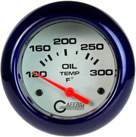 GAFFRIG 2 5/8 INCH ELECTRIC OIL TEMP GAUGE 120-300F PLATINUM / PURPLE