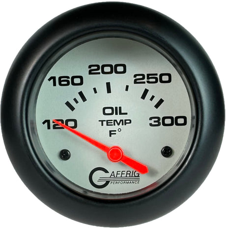 GAFFRIG 2 5/8 INCH ELECTRIC OIL TEMP GAUGE 120-300F PLATINUM / BLACK