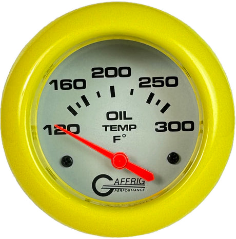 GAFFRIG 2 5/8 INCH ELECTRIC OIL TEMP GAUGE 120-300F PLATINUM / YELLOW