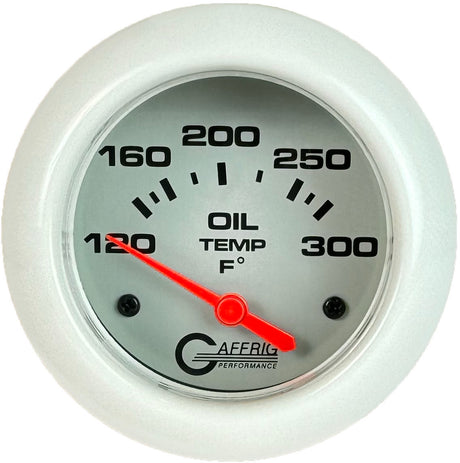 GAFFRIG 2 5/8 INCH ELECTRIC OIL TEMP GAUGE 120-300F PLATINUM / WHITE