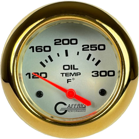 GAFFRIG 2 5/8 INCH ELECTRIC OIL TEMP GAUGE 120-300F PLATINUM / GOLD