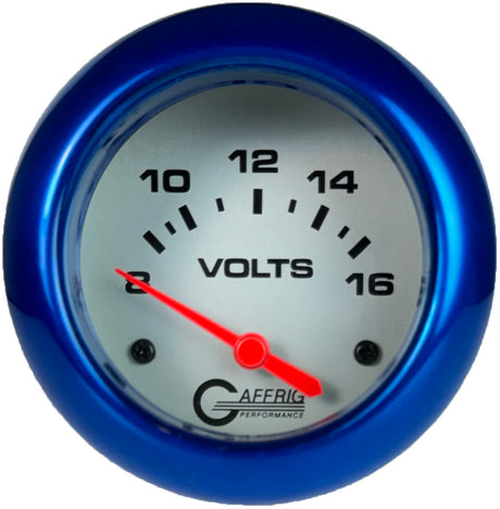 GAFFRIG PART 2 5/8 INCH ELECTRIC VOLTMETER GAUGE 8-16V PLATINUM / BLUE