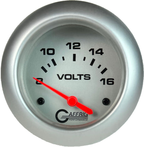 GAFFRIG PART 2 5/8 INCH ELECTRIC VOLTMETER GAUGE 8-16V PLATINUM / PLATINUM