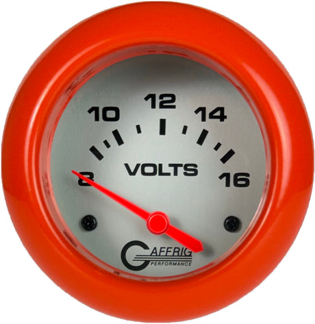 GAFFRIG PART 2 5/8 INCH ELECTRIC VOLTMETER GAUGE 8-16V PLATINUM / ORANGE