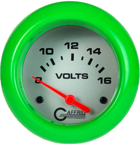 GAFFRIG PART 2 5/8 INCH ELECTRIC VOLTMETER GAUGE 8-16V PLATINUM / LIME GREEN