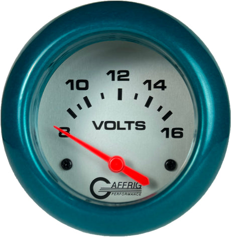 GAFFRIG PART 2 5/8 INCH ELECTRIC VOLTMETER GAUGE 8-16V PLATINUM / TEAL