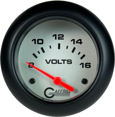 GAFFRIG PART 2 5/8 INCH ELECTRIC VOLTMETER GAUGE 8-16V PLATINUM / BLACK