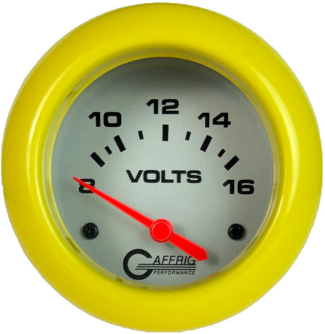 GAFFRIG PART 2 5/8 INCH ELECTRIC VOLTMETER GAUGE 8-16V PLATINUM / YELLOW