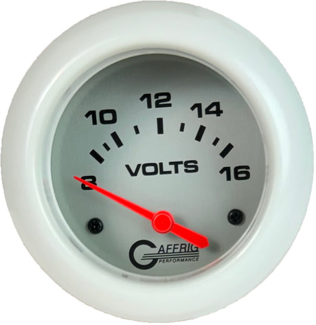 GAFFRIG PART 2 5/8 INCH ELECTRIC VOLTMETER GAUGE 8-16V PLATINUM / WHITE