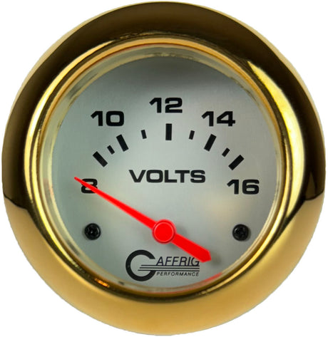 GAFFRIG PART 2 5/8 INCH ELECTRIC VOLTMETER GAUGE 8-16V PLATINUM / GOLD