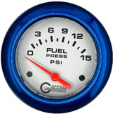 GAFFRIG 2 5/8 INCH ELECTRIC FUEL PRESSURE GAUGE 0-15PSI PLATINUM / BLUE