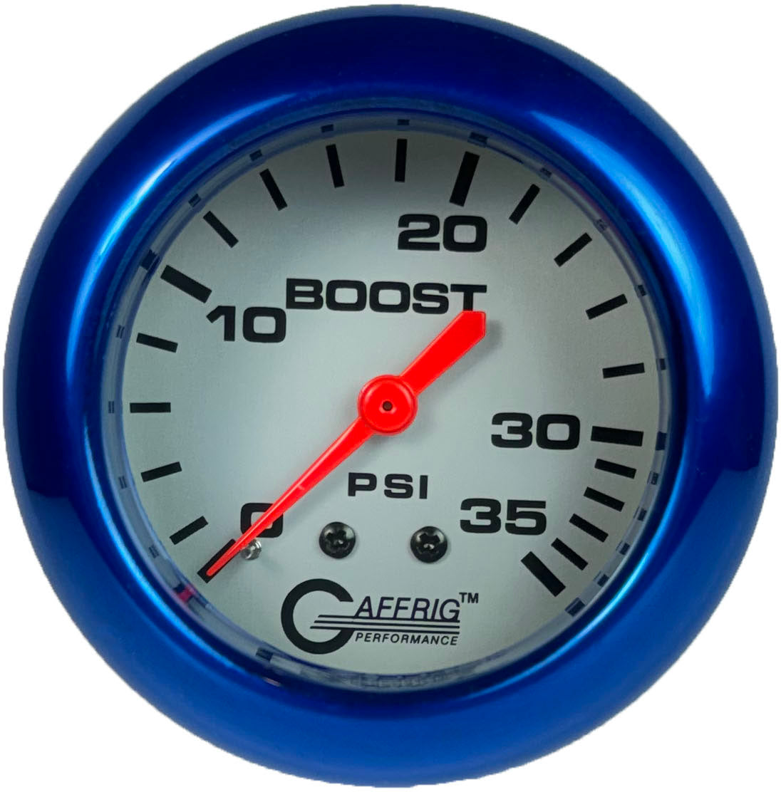 GAFFRIG PART #11010 2 5/8 INCH MECHANICAL BOOST GAUGE 0-35 PSI PLATINUM FAT RIM (258) / BLUE