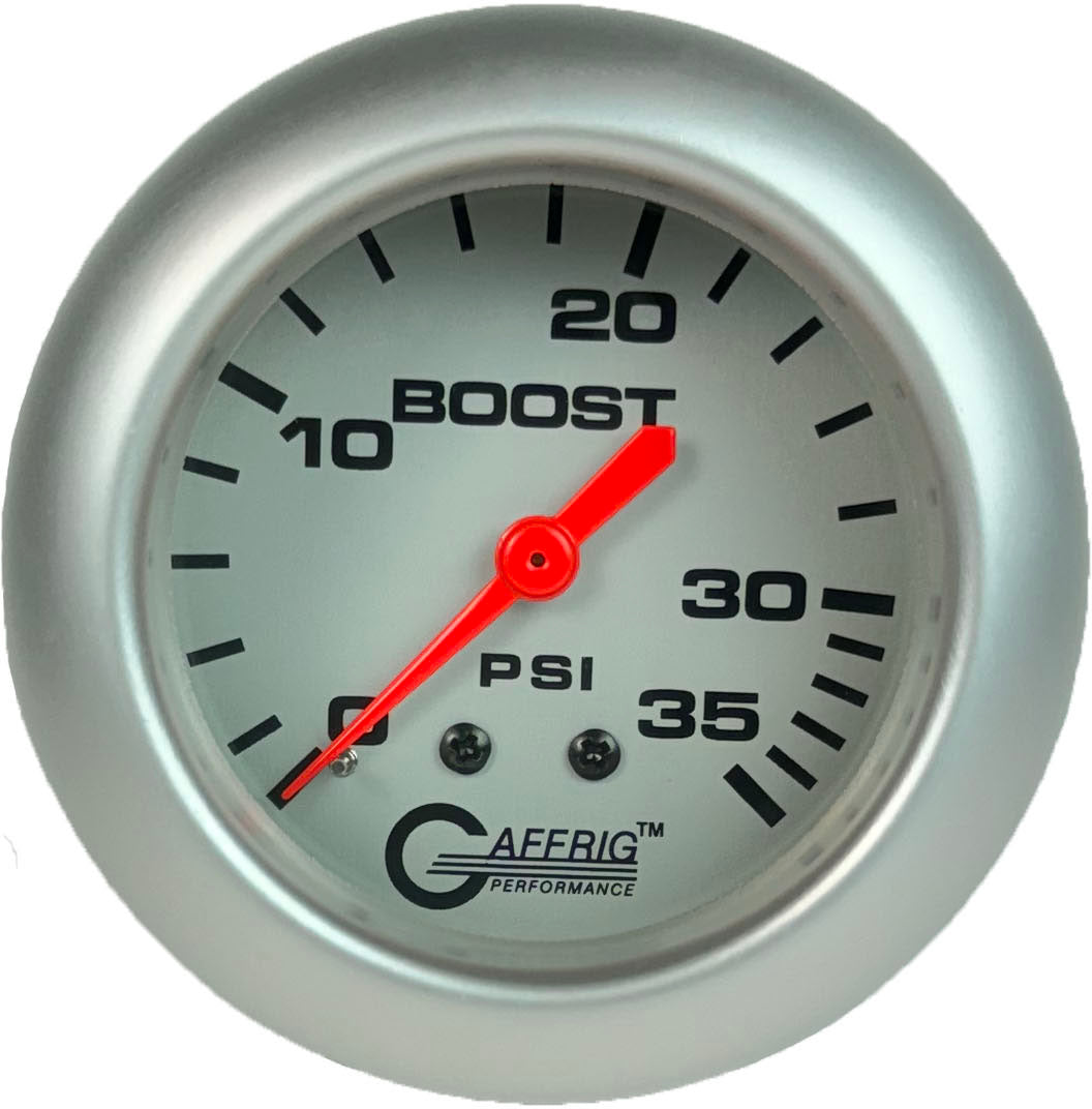 GAFFRIG PART 2 5/8 INCH MECHANICAL BOOST GAUGE 0-35 PSI PLATINUM / PLATINUM