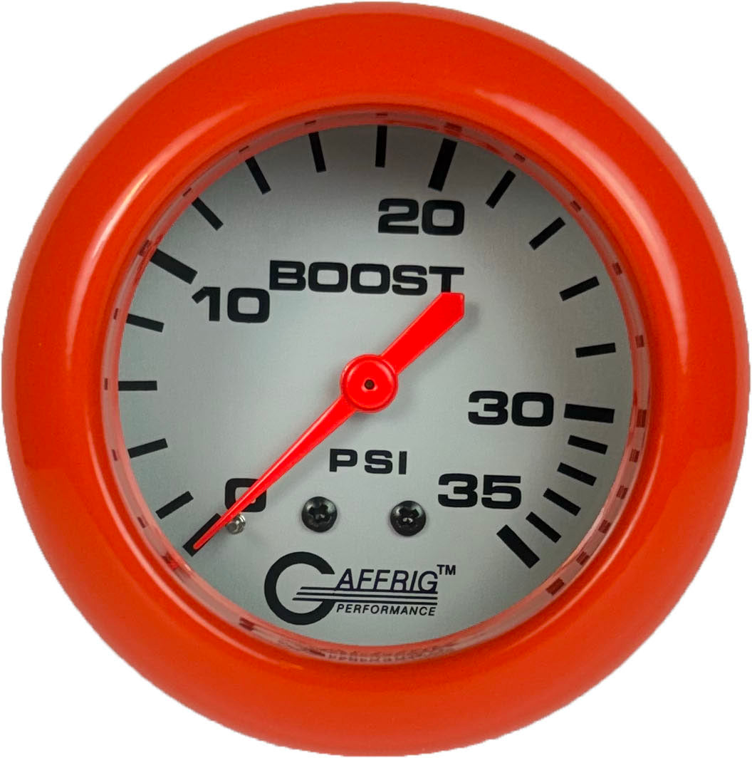 GAFFRIG PART #11010 2 5/8 INCH MECHANICAL BOOST GAUGE 0-35 PSI PLATINUM FAT RIM (258) / ORANGE