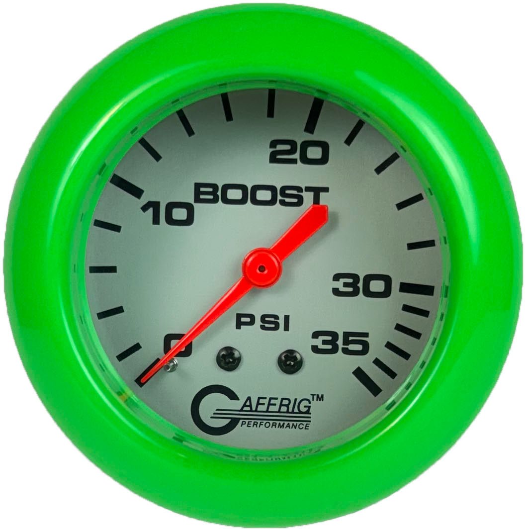 GAFFRIG PART #11010 2 5/8 INCH MECHANICAL BOOST GAUGE 0-35 PSI PLATINUM FAT RIM (258) / LIME GREEN