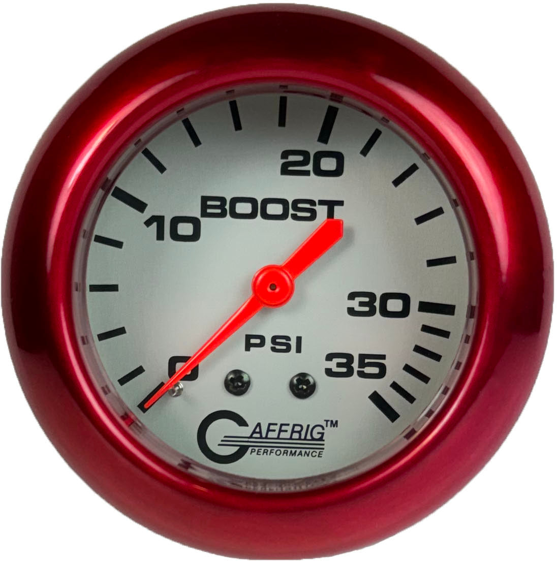 GAFFRIG PART #11010 2 5/8 INCH MECHANICAL BOOST GAUGE 0-35 PSI PLATINUM FAT RIM (258) / RED