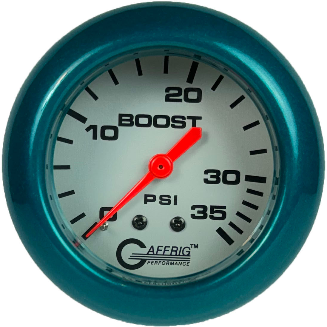 GAFFRIG PART #11010 2 5/8 INCH MECHANICAL BOOST GAUGE 0-35 PSI PLATINUM FAT RIM (258) / TEAL