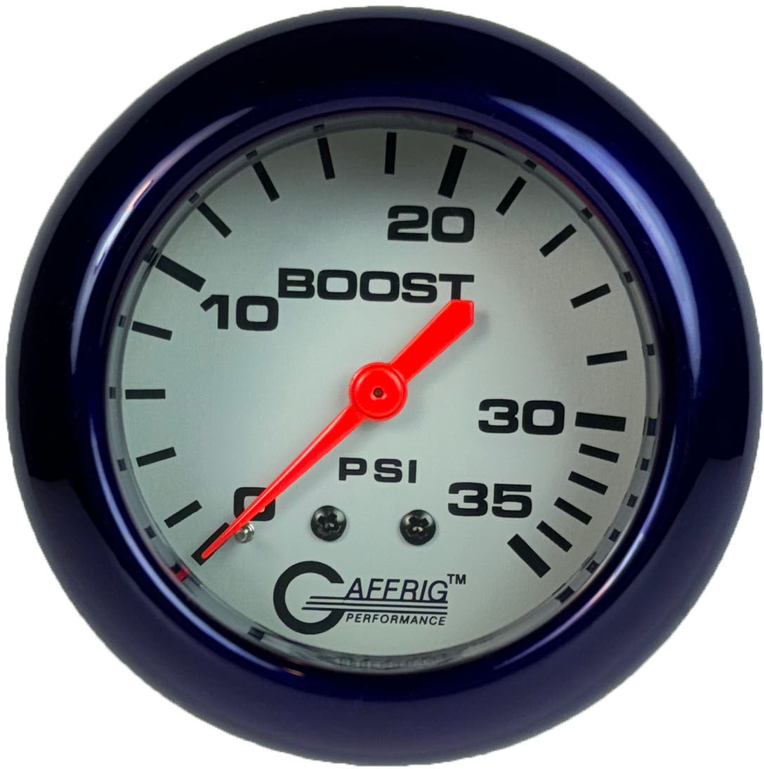 GAFFRIG PART #11010 2 5/8 INCH MECHANICAL BOOST GAUGE 0-35 PSI PLATINUM FAT RIM (258) / PURPLE