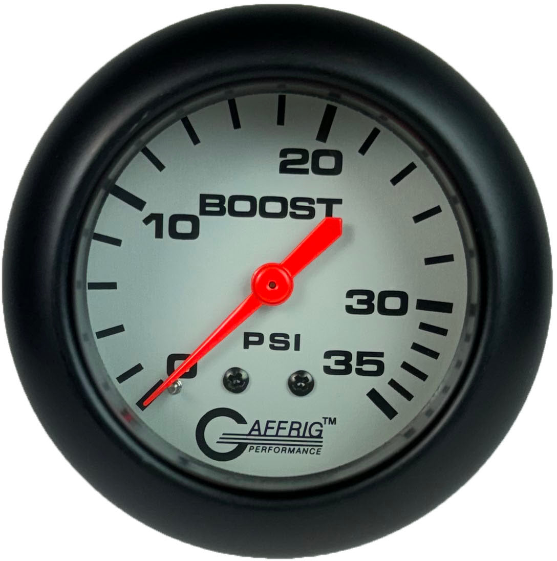 GAFFRIG PART #11010 2 5/8 INCH MECHANICAL BOOST GAUGE 0-35 PSI PLATINUM FAT RIM (258) / BLACK