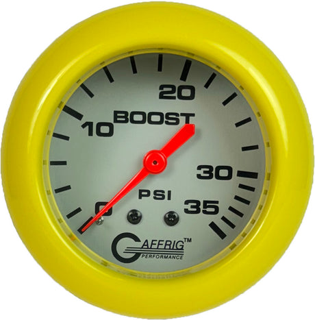 GAFFRIG PART 2 5/8 INCH MECHANICAL BOOST GAUGE 0-35 PSI PLATINUM / YELLOW