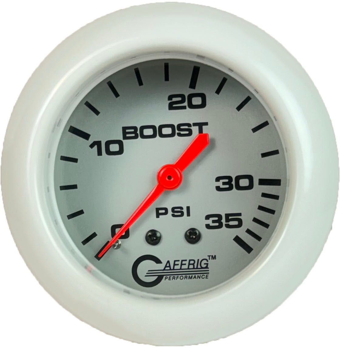 GAFFRIG PART #11010 2 5/8 INCH MECHANICAL BOOST GAUGE 0-35 PSI PLATINUM FAT RIM (258) / WHITE