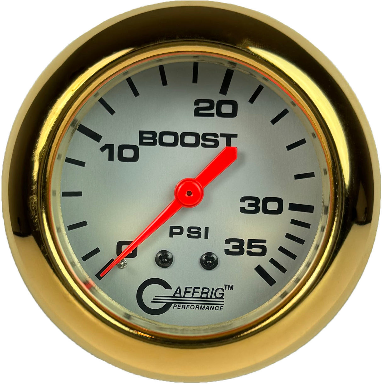 GAFFRIG PART #11010 2 5/8 INCH MECHANICAL BOOST GAUGE 0-35 PSI PLATINUM FAT RIM (258) / GOLD