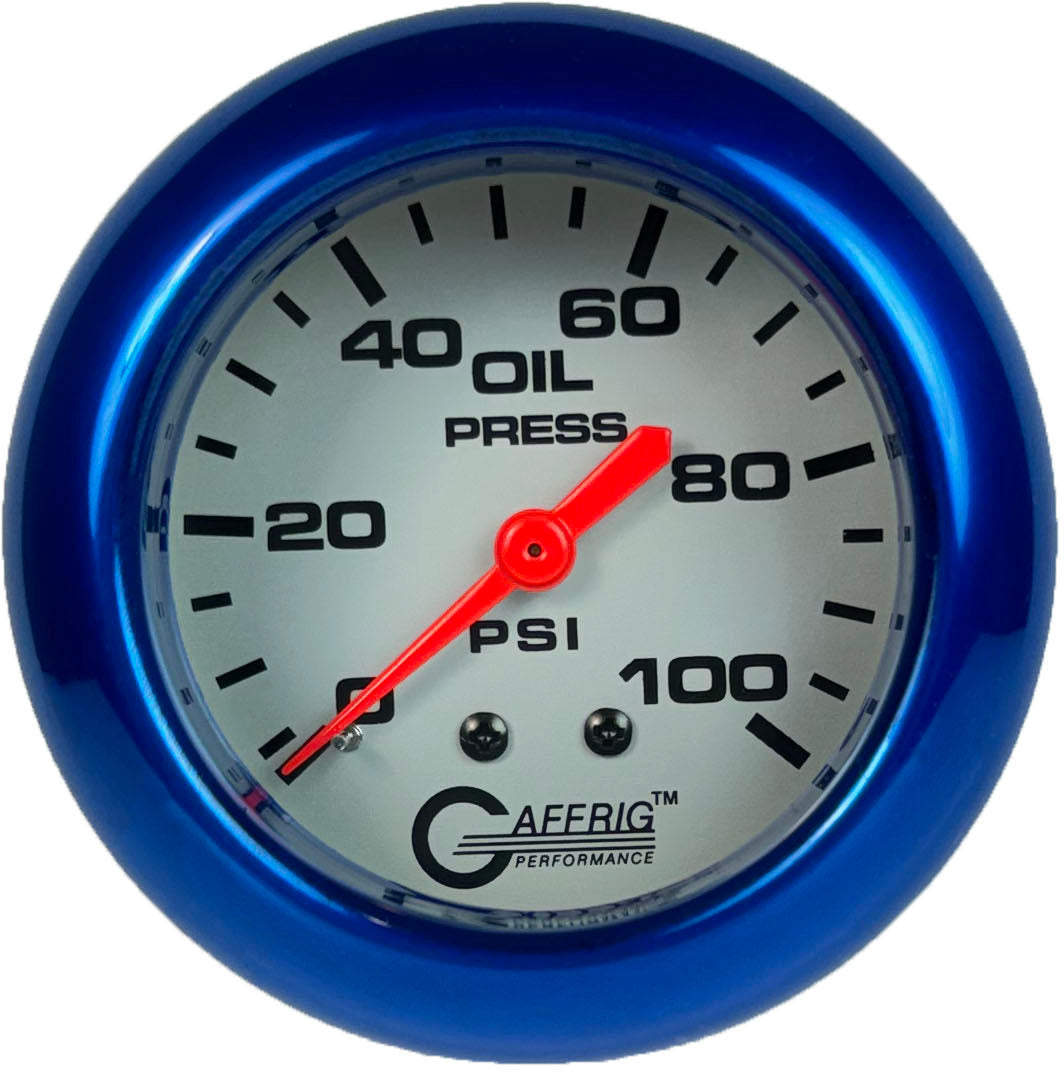 GAFFRIG PART #11011 2 5/8 INCH MECHANICAL OIL PRESSURE 0-100 PSI PLATINUM FAT RIM (258) / BLUE