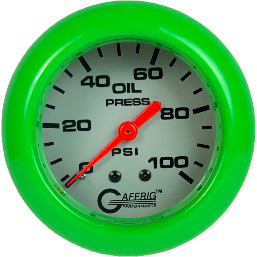 GAFFRIG PART #11011 2 5/8 INCH MECHANICAL OIL PRESSURE 0-100 PSI PLATINUM FAT RIM (258) / LIME GREEN