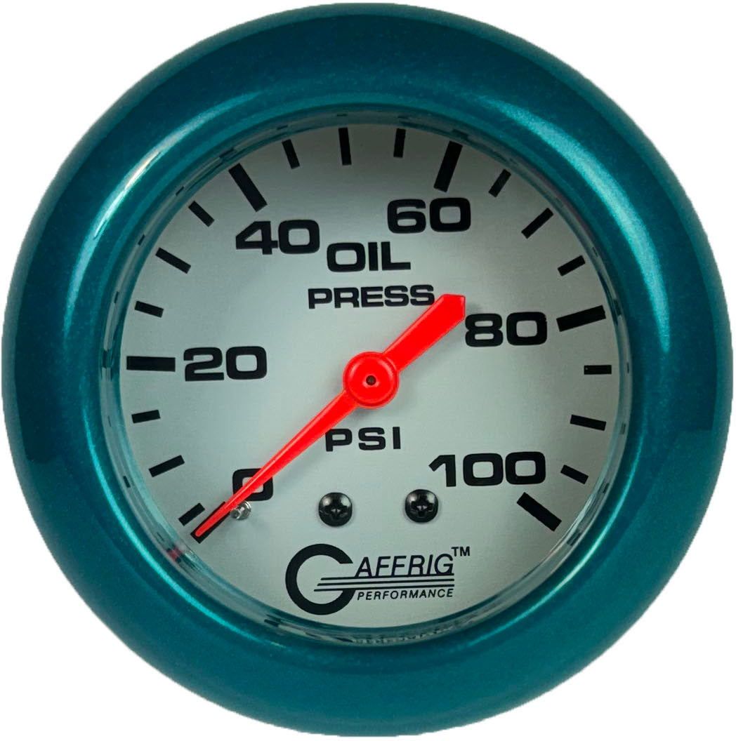 GAFFRIG PART #11011 2 5/8 INCH MECHANICAL OIL PRESSURE 0-100 PSI PLATINUM FAT RIM (258) / TEAL